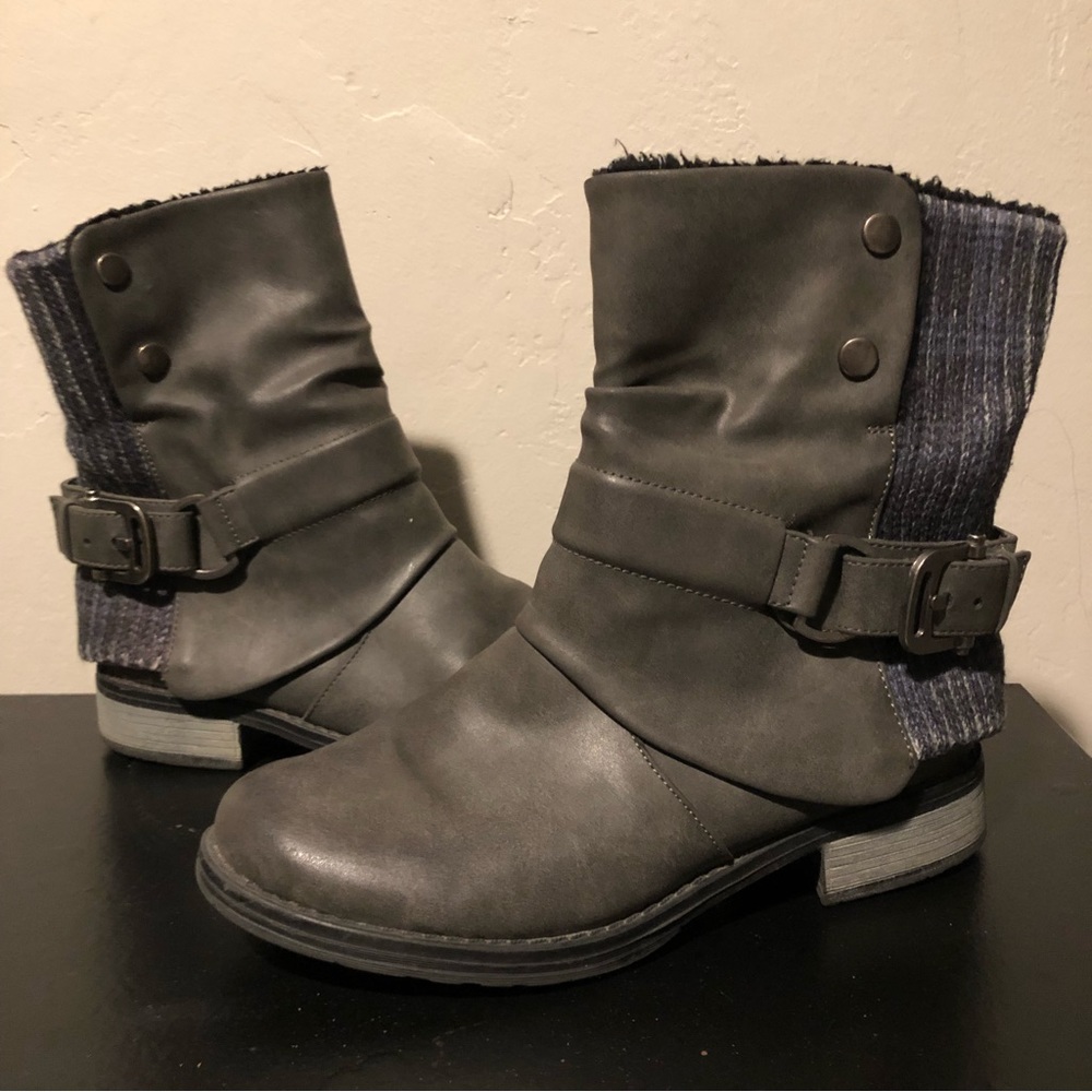 Gray Leather Fur Lined Motorcycle Ankle Boots